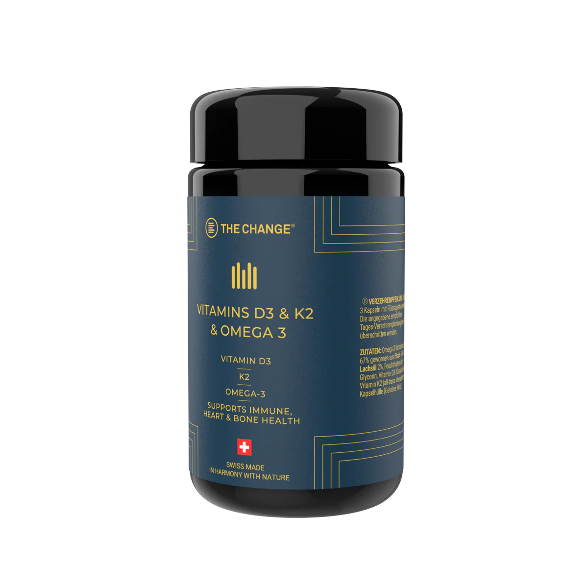 BE THE CHANGE Vitamins D3 & K2 & Omega 3 Swiss softgel capsules for bones, heart and immune system support | Beautylion.ch