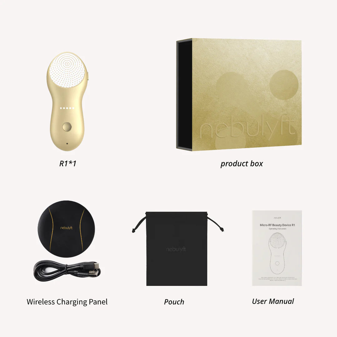 Close-up of Nebulyft R1G Golden State design – Swiss-compatible luxury RF skincare device with gold detailing