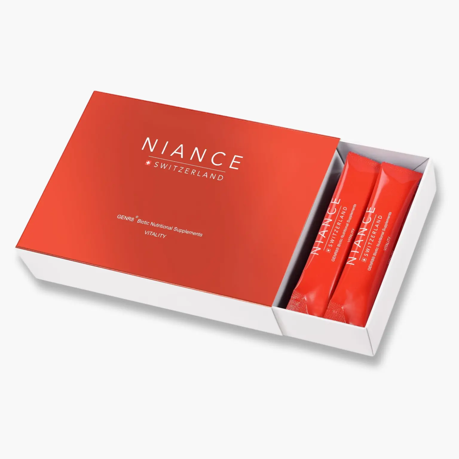 GENR8 VITALITY sachet — pouring liquid shot into glass for daily use.