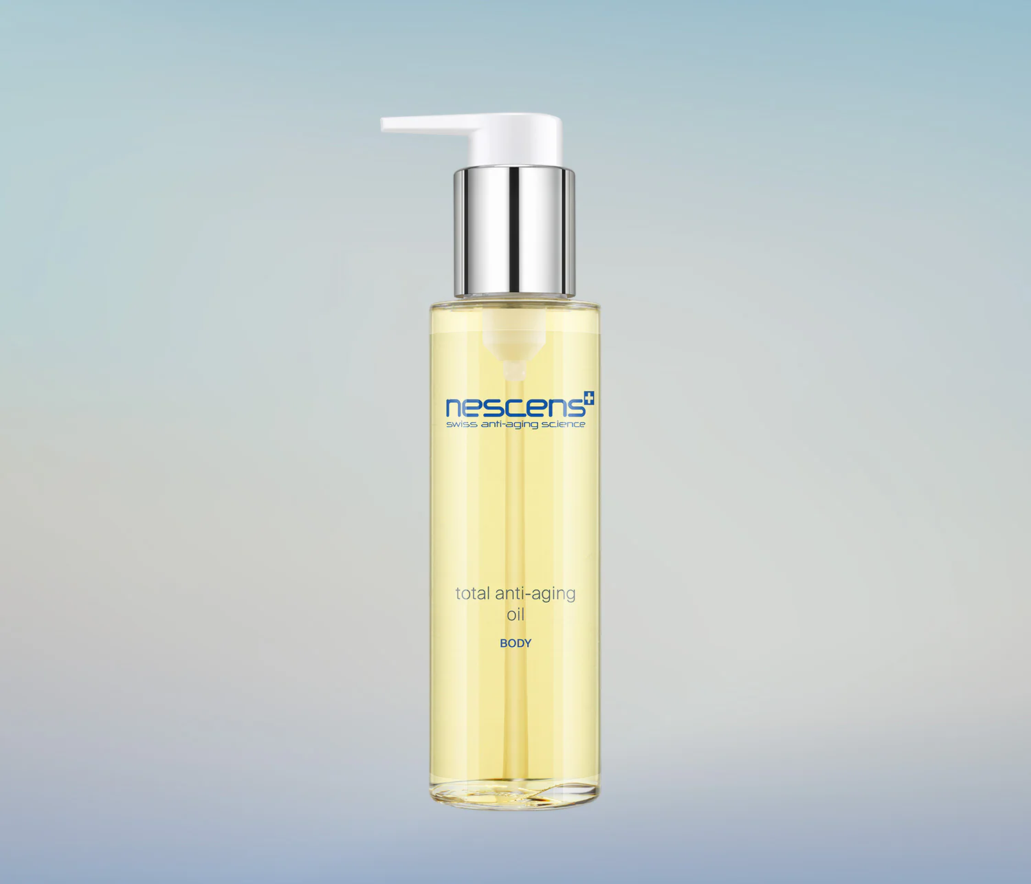 Nescens Total Anti-Aging Oil bottle with golden oil drop on glass