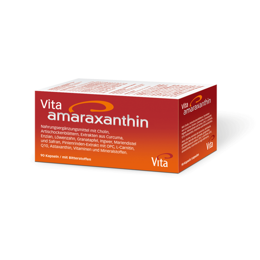 Bottle of Vita Amaraxanthin showing vegan icon and Swiss manufacturing label