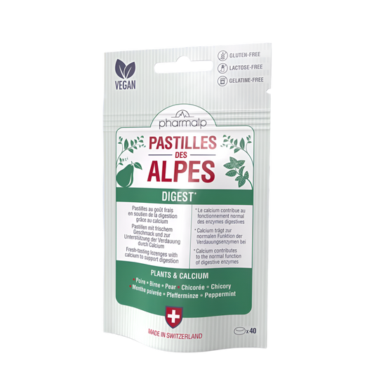 Close-up of the lozenges – pear and mint flavour digestive support