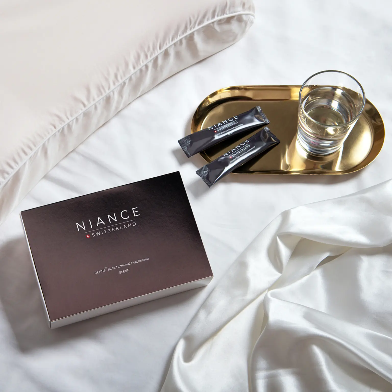 GENR8® BIOTIC SLEEP sachet being poured into glass — ready to drink.