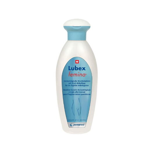 Packaging of Lubex Femina Washing Emulsion 200 ml – premium Swiss intimate hygiene product