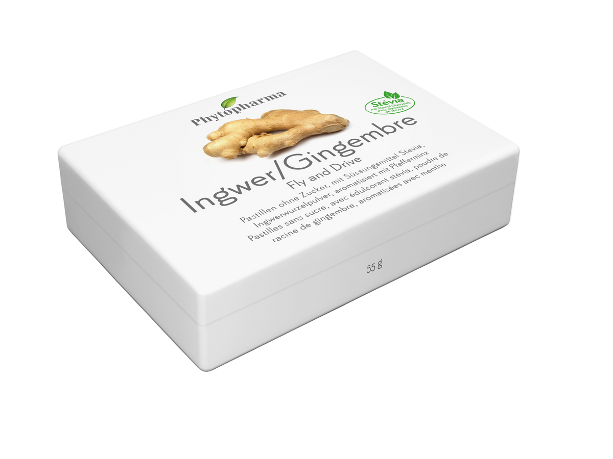 Phytopharma Ingwer Fly & Drive Pastilles 55 g – Ginger anti-nausea lozenges