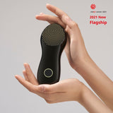 Woman using nebulyft N1 RF device on her neck and jawline at home