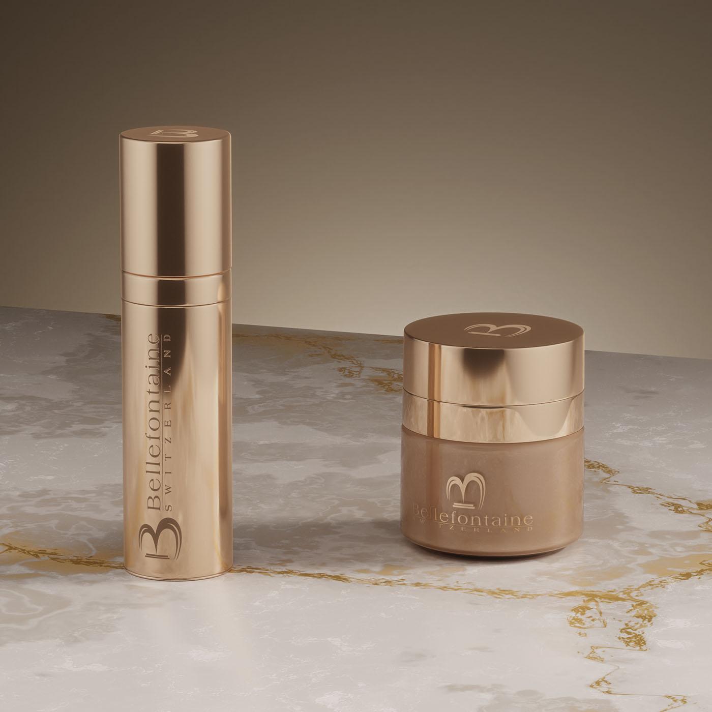 Exquis Golden Caviar jar + emulsion packaging – Bellefontaine premium skincare