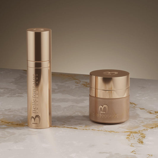 Exquis Golden Caviar jar + emulsion packaging – Bellefontaine premium skincare