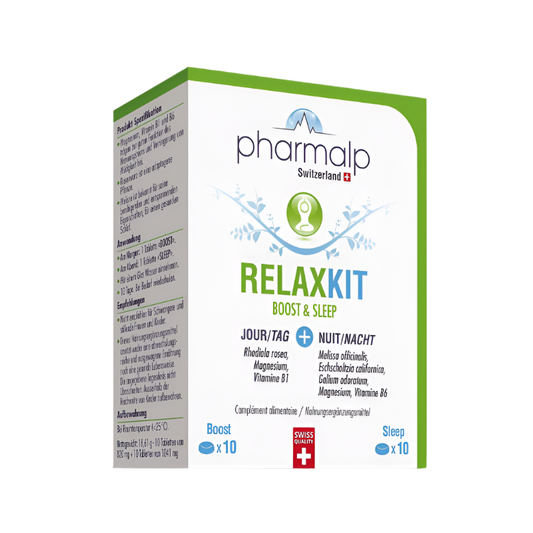 Packaging of Pharmalp RELAXKIT 20 tablets – day energy & night recovery pair
